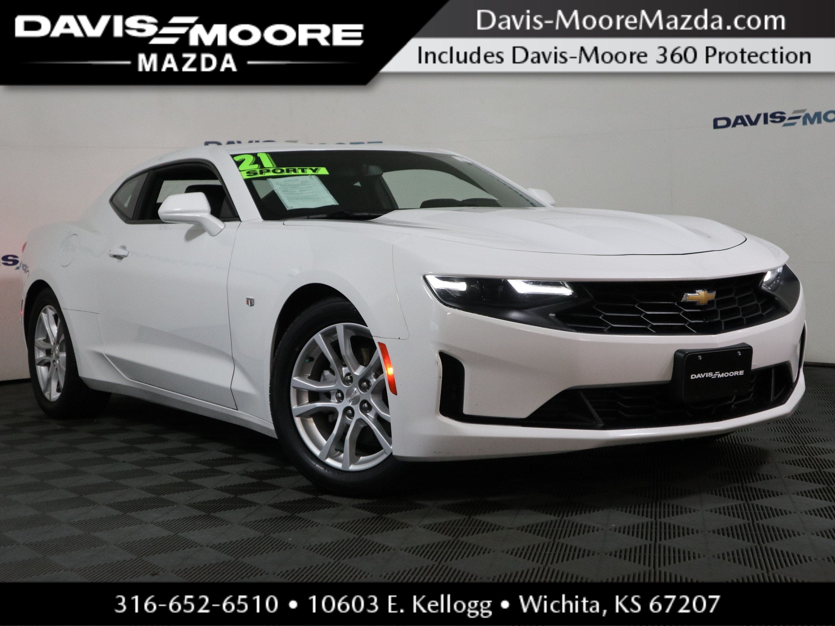 2021 Chevrolet Camaro 1LS in Summit White — front three-quarter view
